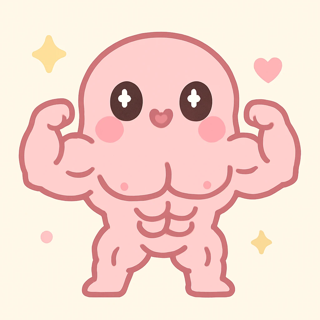 Make the kawaii character look buff and muscular, keep the adorable and pretty pink style, wide eyes, heart-shaped lips. emoji