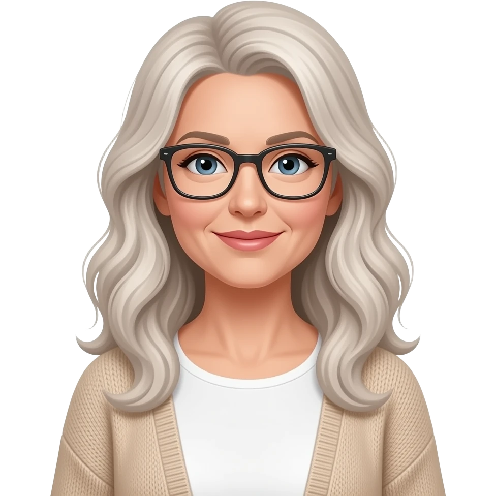 late thirties woman with long cool toned blonde loosely  curled hair, rectangular glasses wearing a white top and beige cardigan emoji