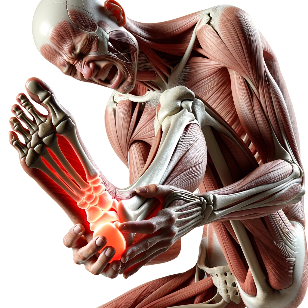 corpo umano anatomico con espressione di dolore in volto che si tiene il piede tra le mani perché ha dolore al piede, iperrealistico 4k, isolato su sfondo bianco emoji