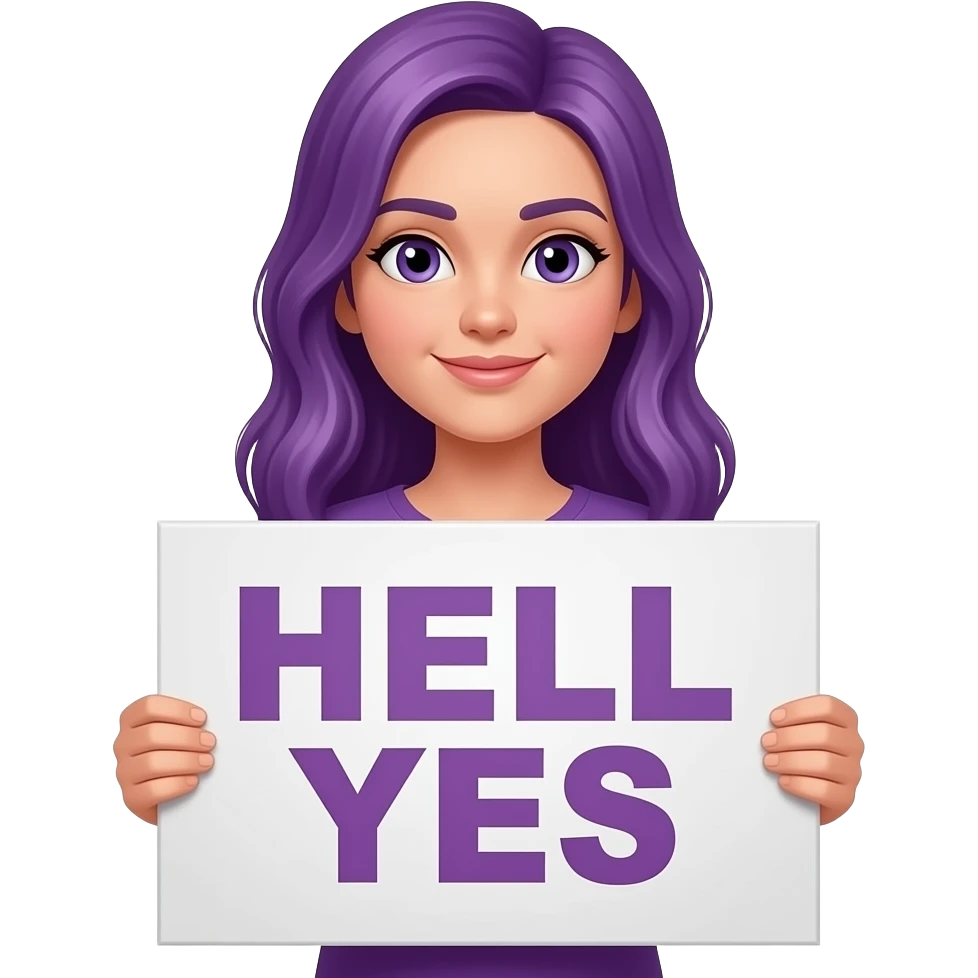 girl with long purple hair with a HELL YES sign emoji