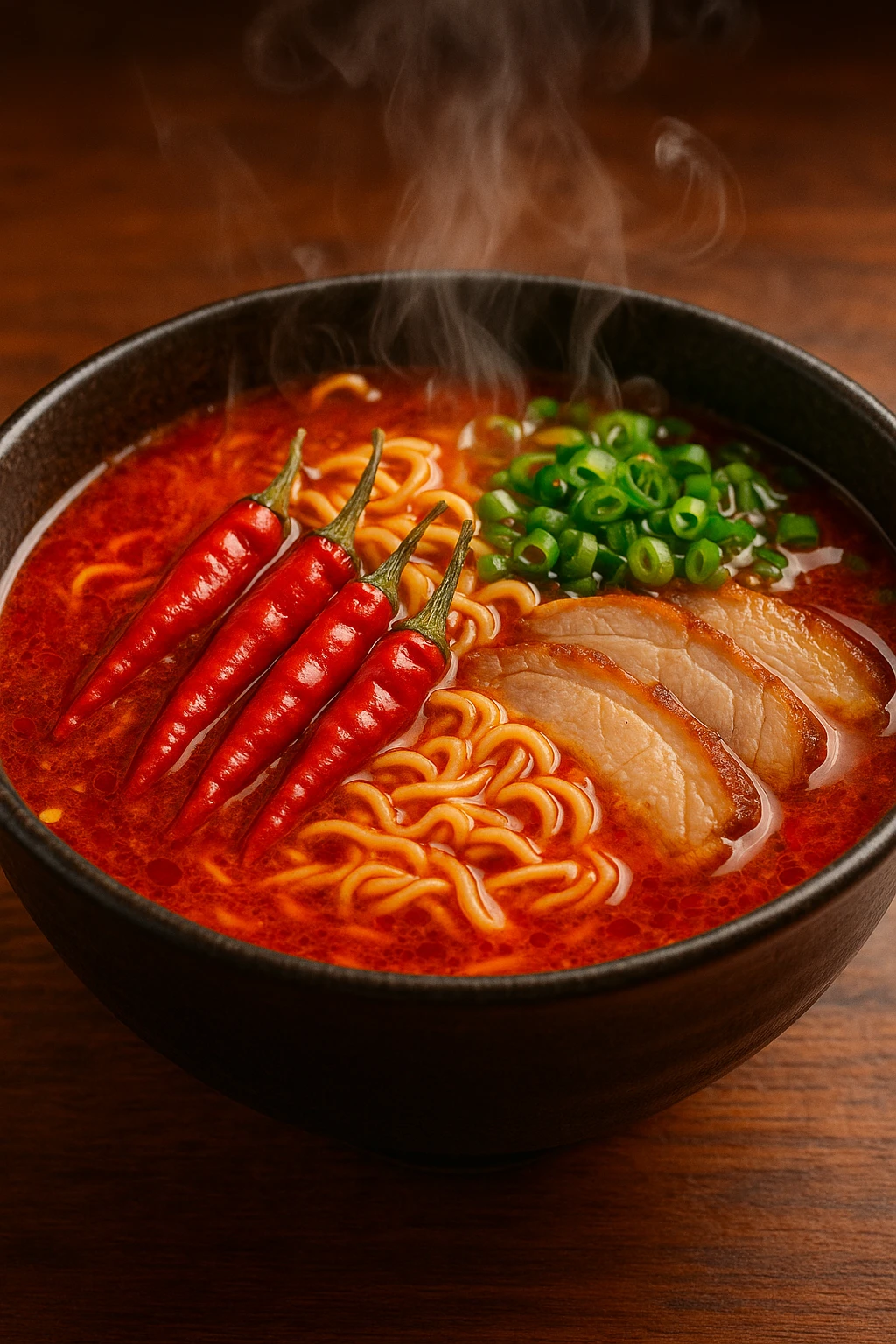 spicy ramen with red broth and chili pepper emoji