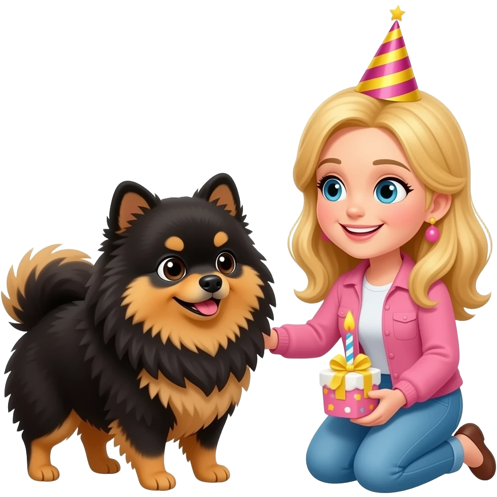 Lulu da pomerania preto e marrom parabenizando uma mulher loura pelo aniversário emoji