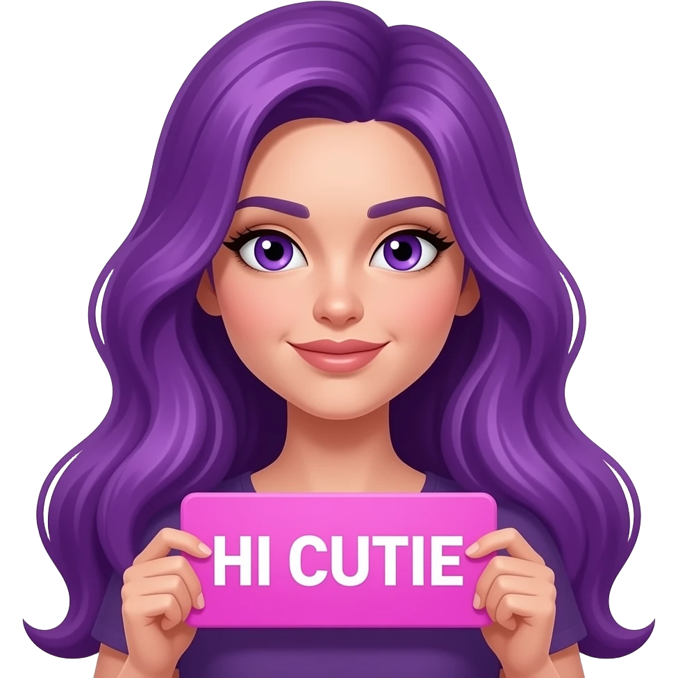 sexy girl with long purple hair and purple eyes holding a HI CUTIE sign emoji