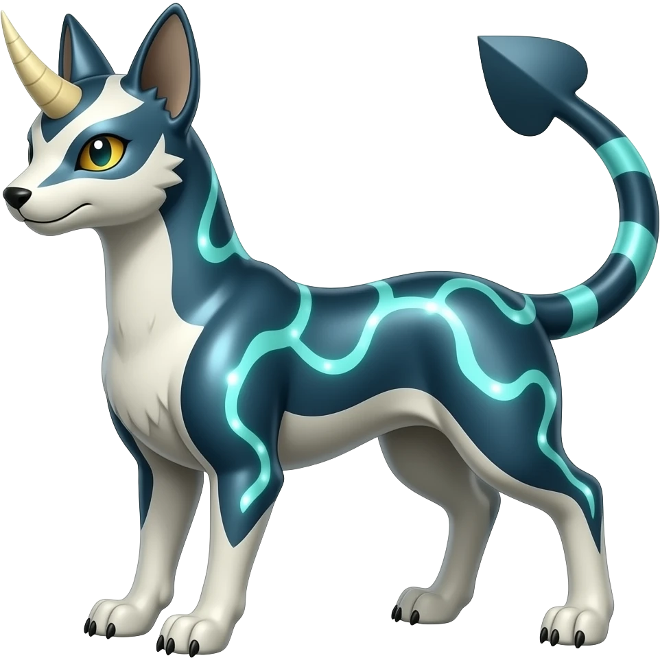 Horned Digitigrade elemental realistic pretty elegant sleek shiny patterned quadrupedal Randomly patterned Shinx-Pyroar-Houndour-Arcanine-Electrike-animal-hybrid, full body, with an imp-spade-tail emoji