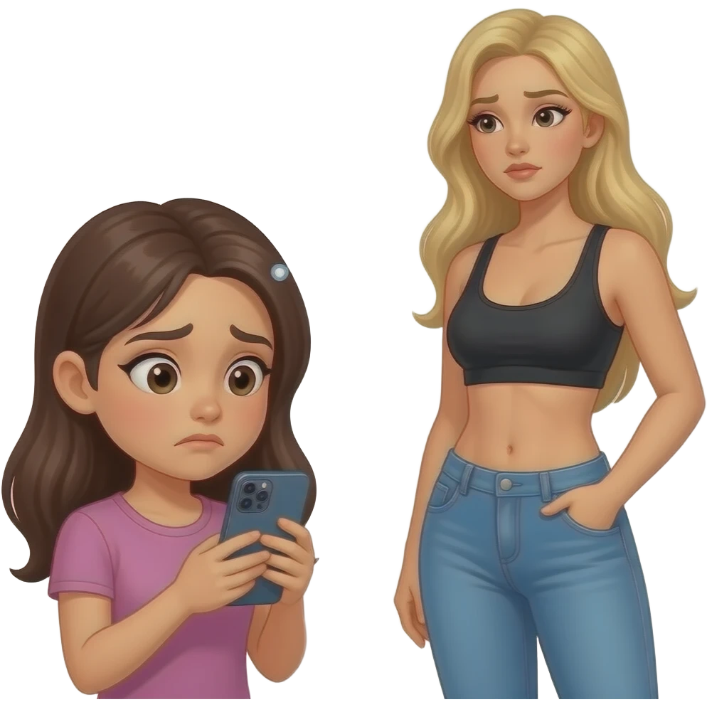 una chica viendo a una influencer en su celular con un buen cuerpo  y maquillaje,la chica esta triste y a su  alrededor hay un pensamiento que dice por que yo no soy asi emoji