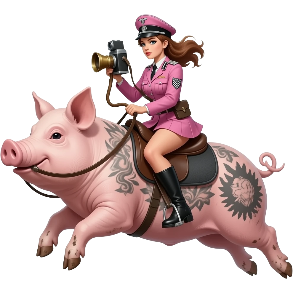 A thin and seductive female rider in a pink German WWII army uniform jumps on a large tattooed pig with an antique bellows camera and bare dirty feet. emoji