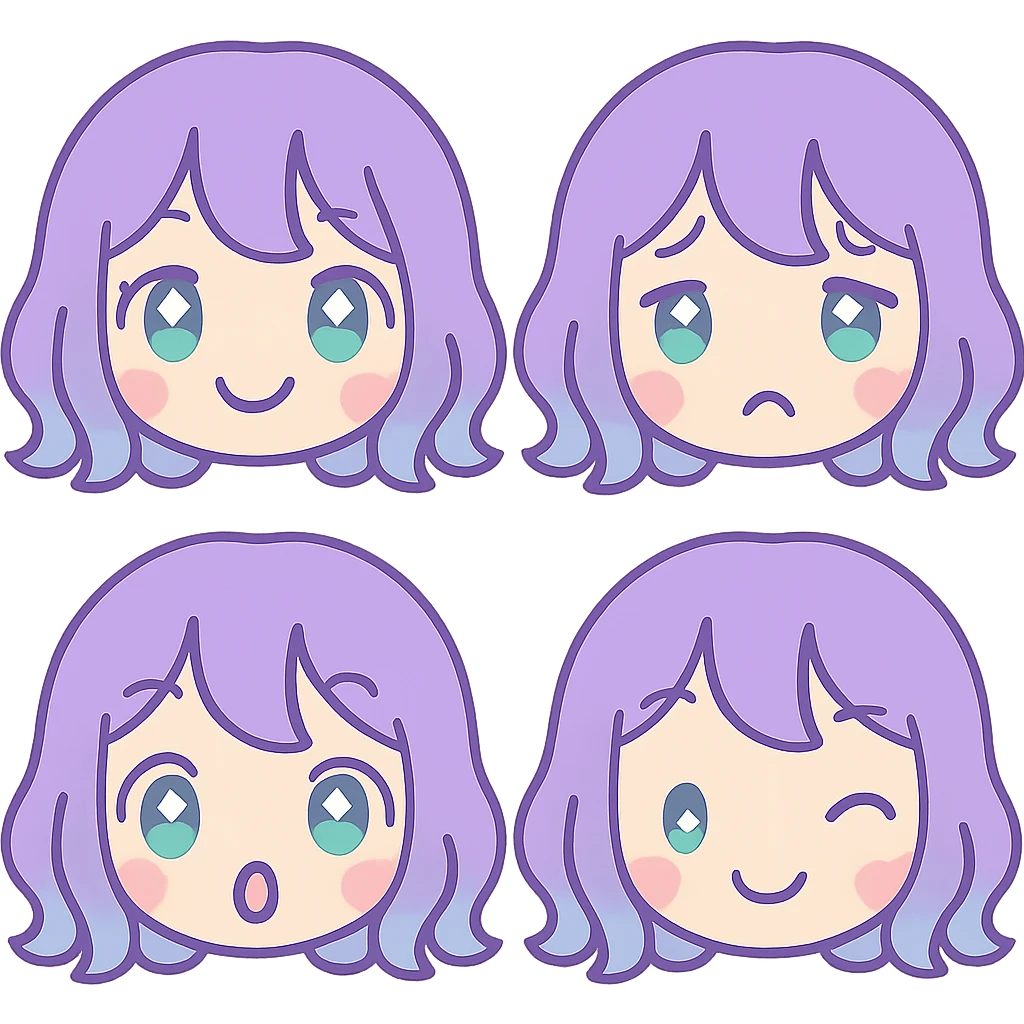 Create four emoticon faces of the referenced girl in anime style: happy, sad, surprised, and winking expressions. Use a transparent background. emoji
