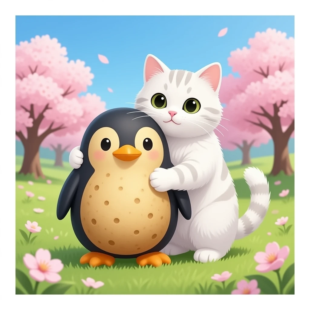 Please make a white-furred cat and a potato that is penguin-shaped next to it. And they hug each other in the sakura garden. emoji