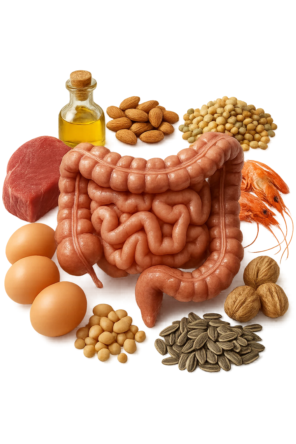 carne, uova, semi oleosi, legumi, crostacei insieme ad INTESTINO umanO realisticO, iperrealistici 4k emoji