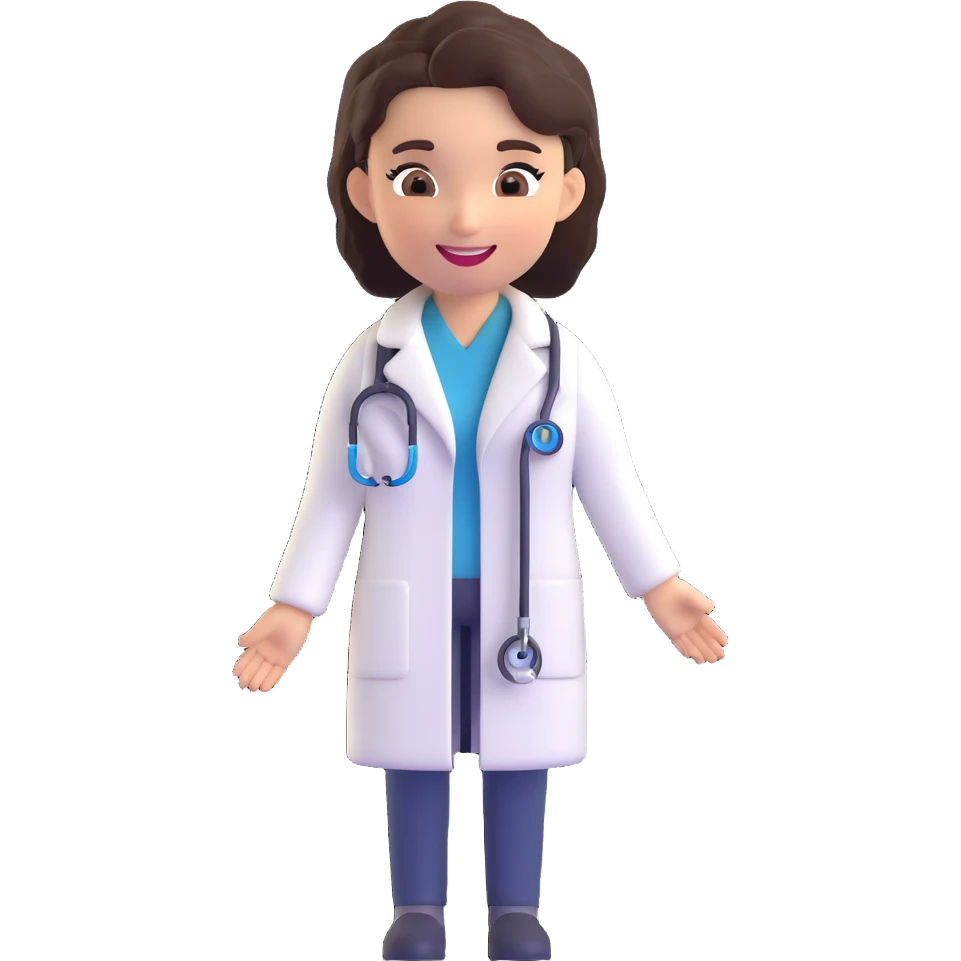 Female doctor with a different hairstyle, 3D emoji style, smiling, wearing a white coat and stethoscope. Maintain the 3D emoji style and friendly medical theme. emoji