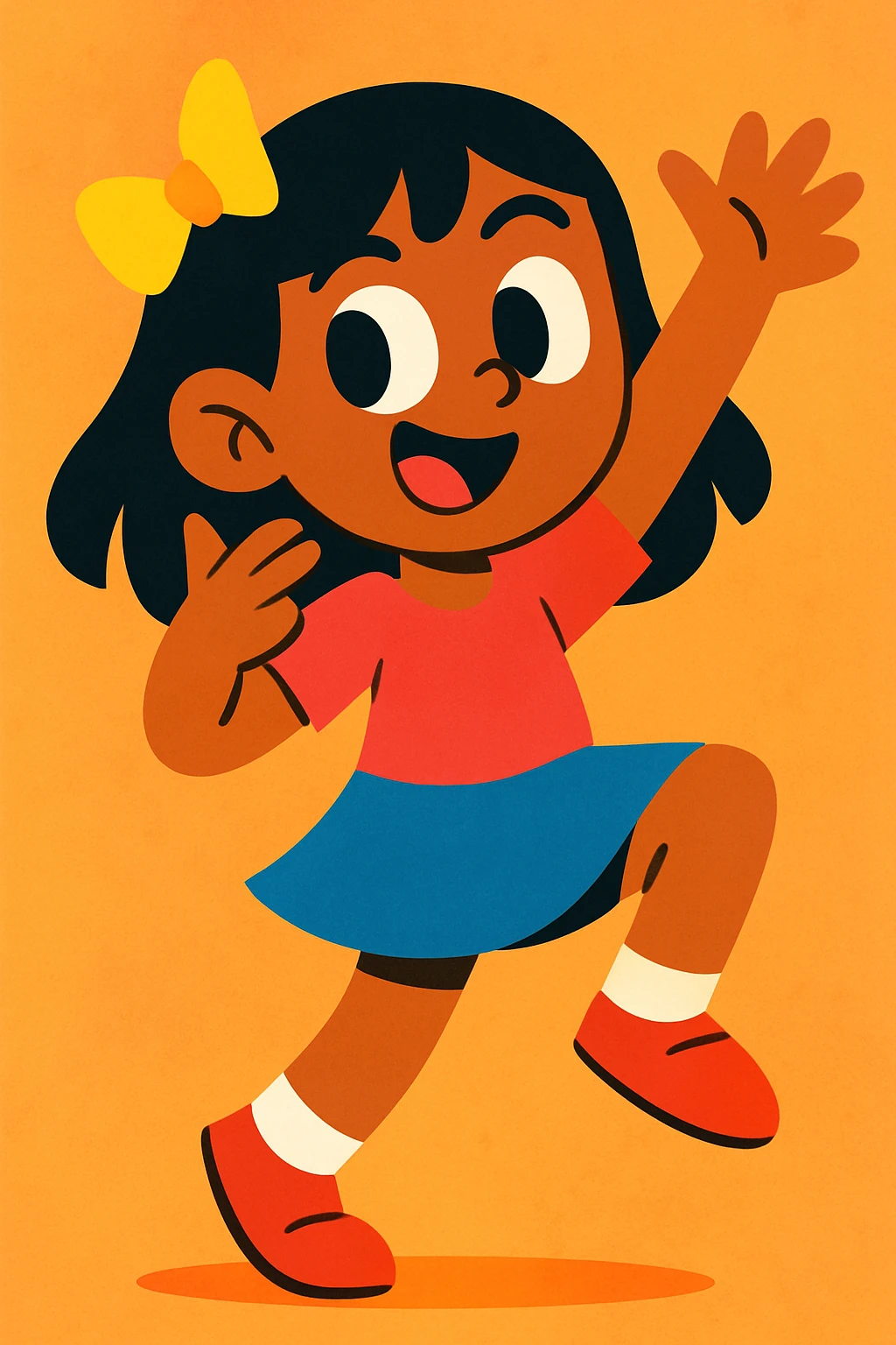 stylized character art of a girl with black straight hair and light brown skin, playful pose, vibrant colors emoji
