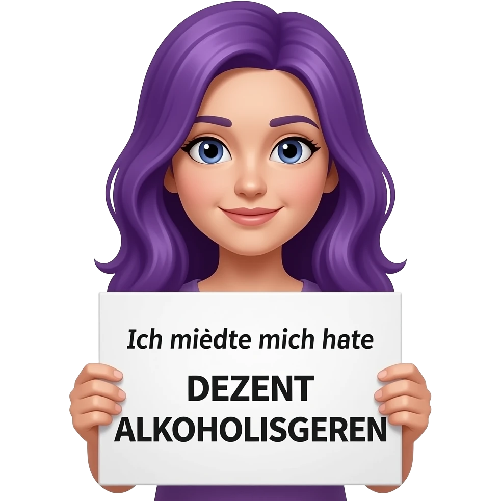 girl with long purple hair holding a Ich möchte mich heute DEZENT ALKOHOLISIEREN sign emoji