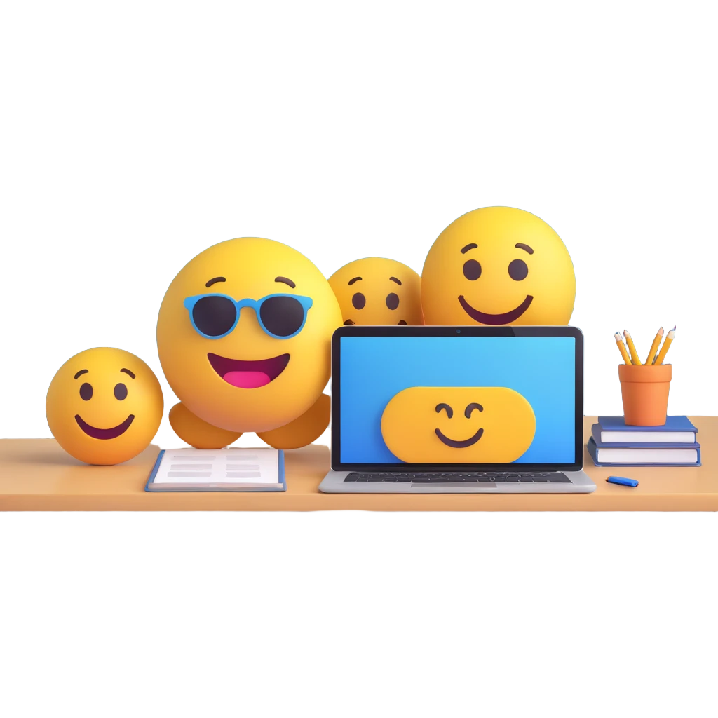 3D smiley emoji, round shape, student attending online class, blue color, attentive face emoji