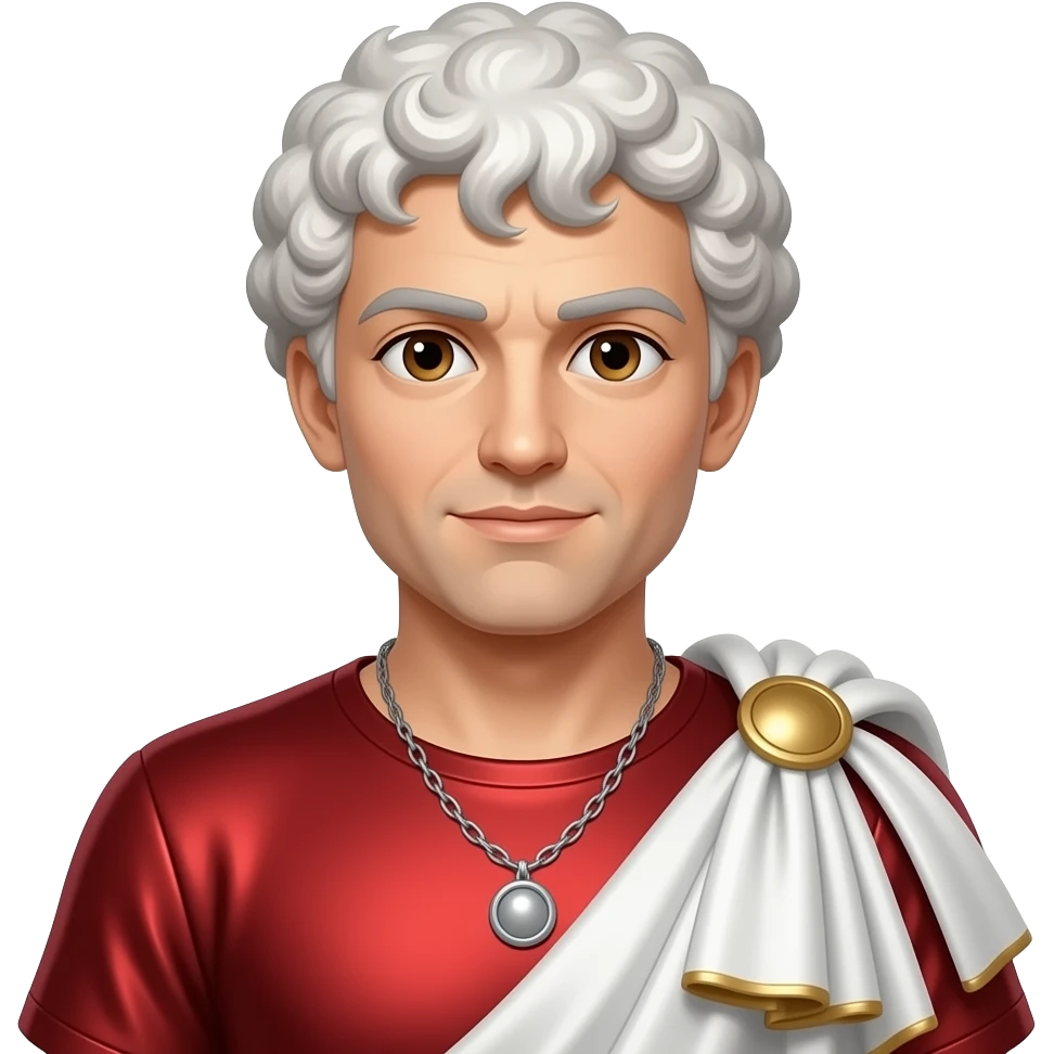 Julius Caesar with brown eyes, white curly hair, red metallic shirt, white metallic baggy pants, silver necklace emoji