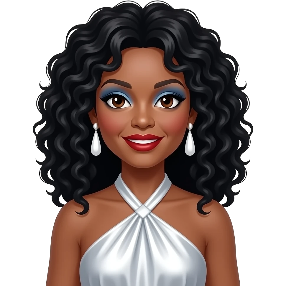 Diana Ross with dark brown eyes, long black disco curls hair, periwinkle eyeshadow, red lipstick, white metallic halter dress, white earrings emoji