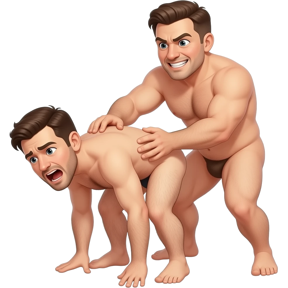 Naked hairy moaning man bending over, a stronger naked hairy angry smiling man standing behind him hitting and fucking him emoji