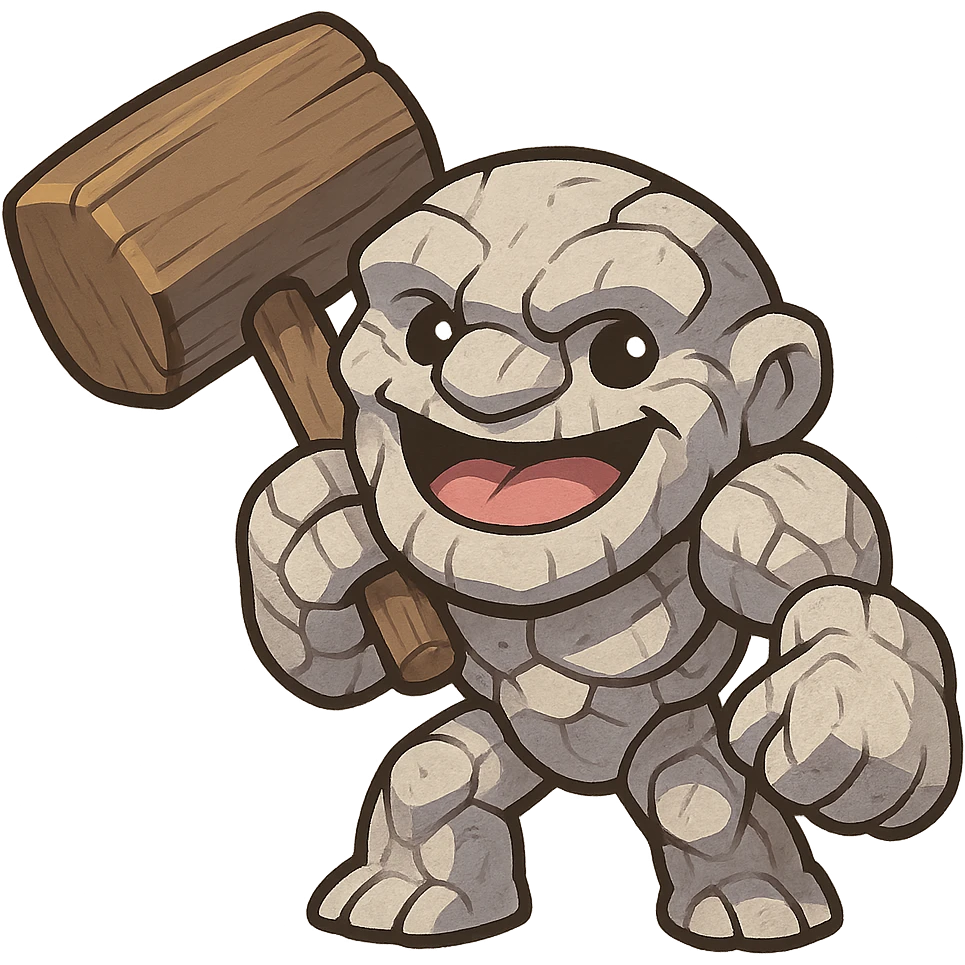 Tiny from Dota 2 in a cute chibi-style cartoon redesign, holding an oversized hammer, playful expression emoji