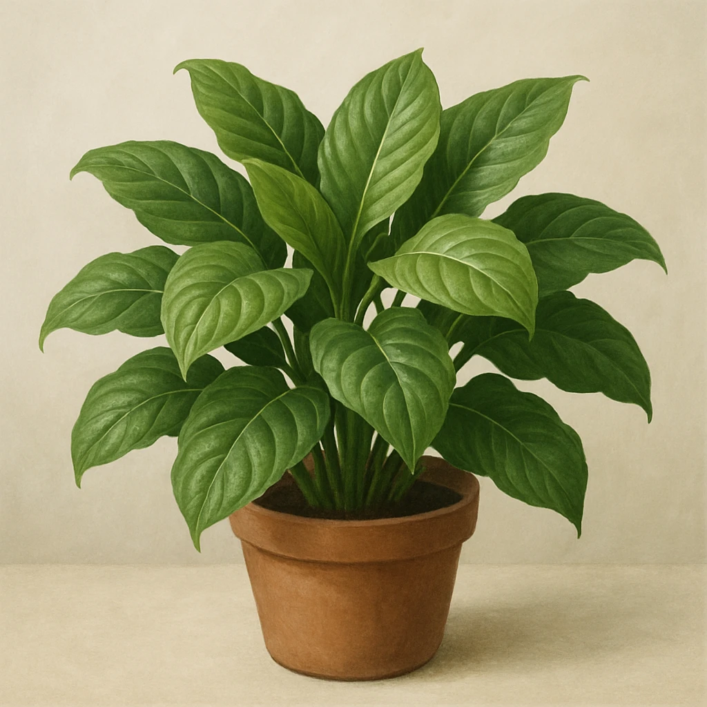 a lush leafy plant with broad leaves in a simple pot, general style emoji