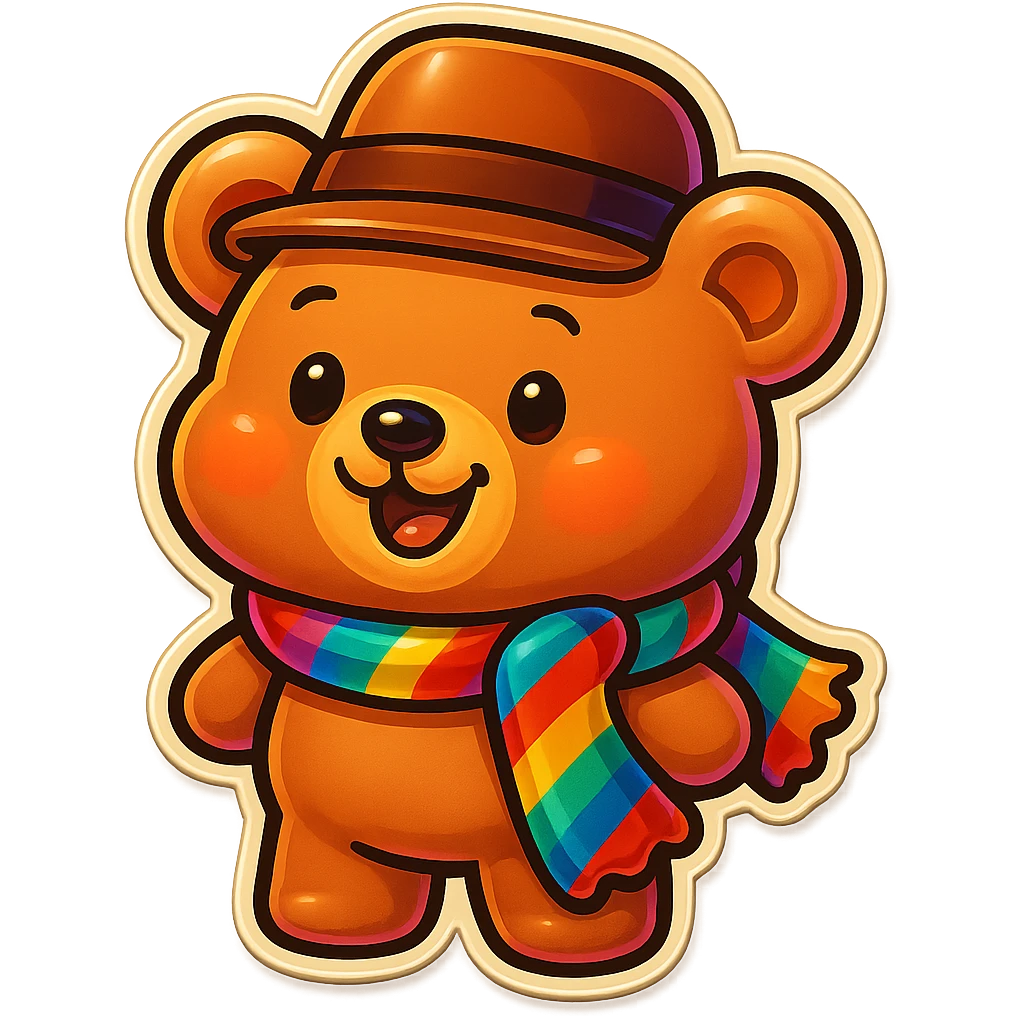 Add a colorful scarf to the bear with a hat, keep the fun and friendly retro stickers style, no background. emoji