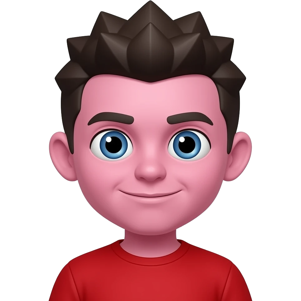 Crea un bambino maschio mostro con gli occhi a spirale con i capelli a zigzag con vestito rosso e faccia di colore rosa emoji