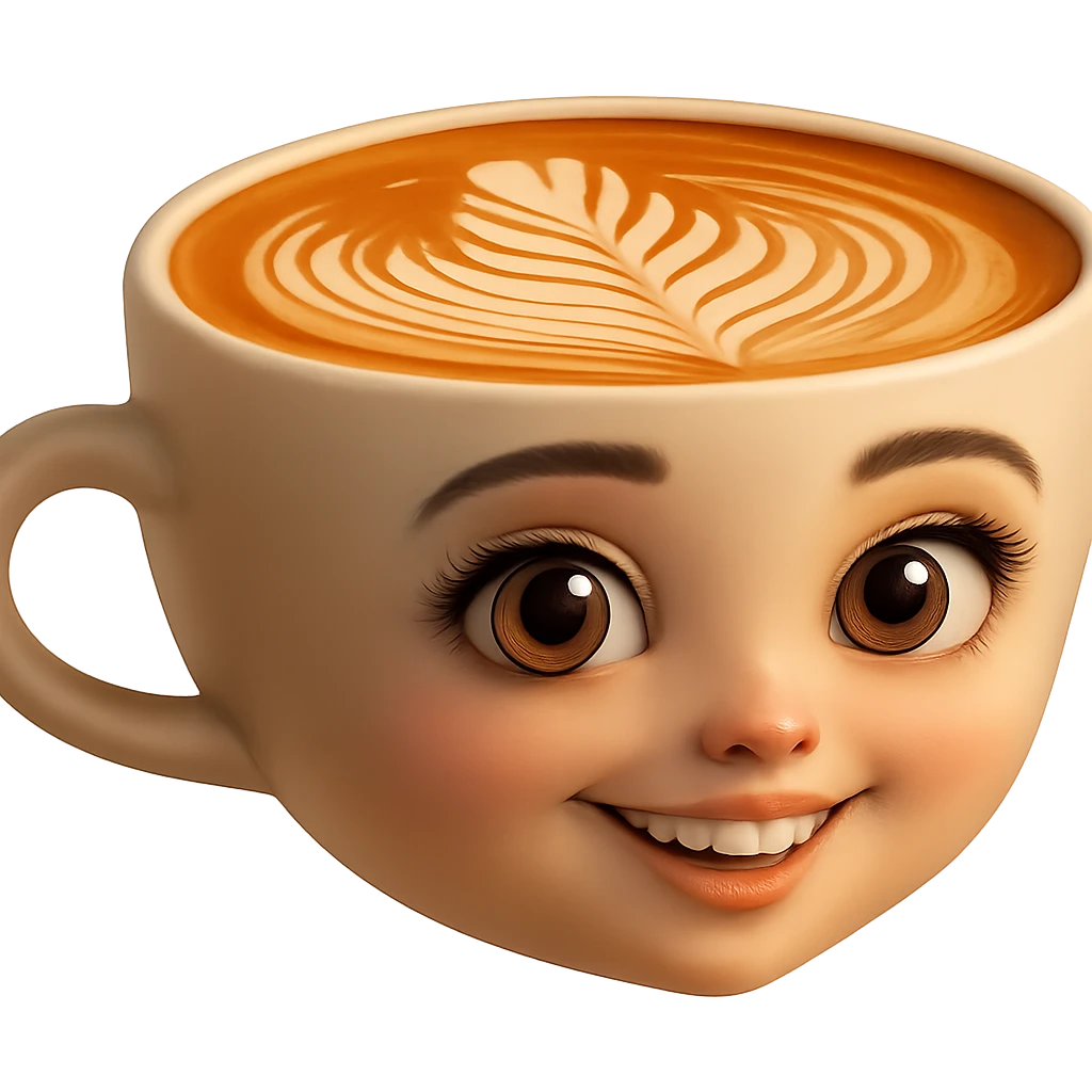 Edita la imagen para que el personaje de la taza de café  MANTENGA exactamente su estilo original,  y colores según la imagen de referencia. ELIMINA FONDO PARA QUE QUEDE TIPO EMOJI NO DBE TENER CUELLO.EL AZA O MANGA DE LA TAZA  DEBE SER COMPLETAMENTE VISIBLE emoji