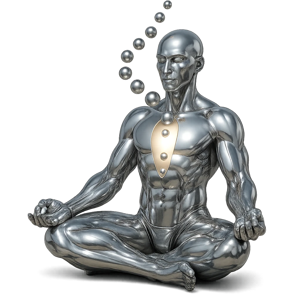 Add a glowing aura around the reflective chrome silhouette of the meditating person with open chest and spiral of spheres, keep the style highly metallic, no background. emoji