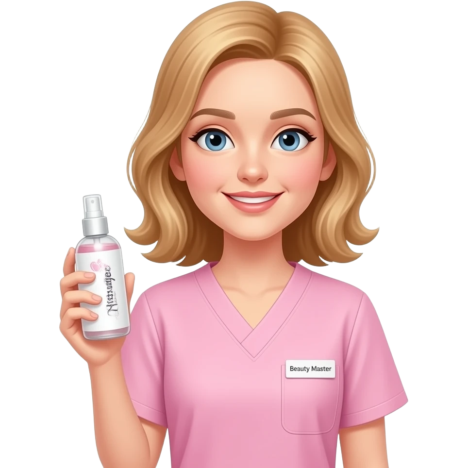 pretty fair-haired girl in pale pink scrubs, slight smile, holding "Чистодез" spray bottle, name tag "Бьюти Мастер". Pastel colors, clean vector, white background --ar 1:1 emoji