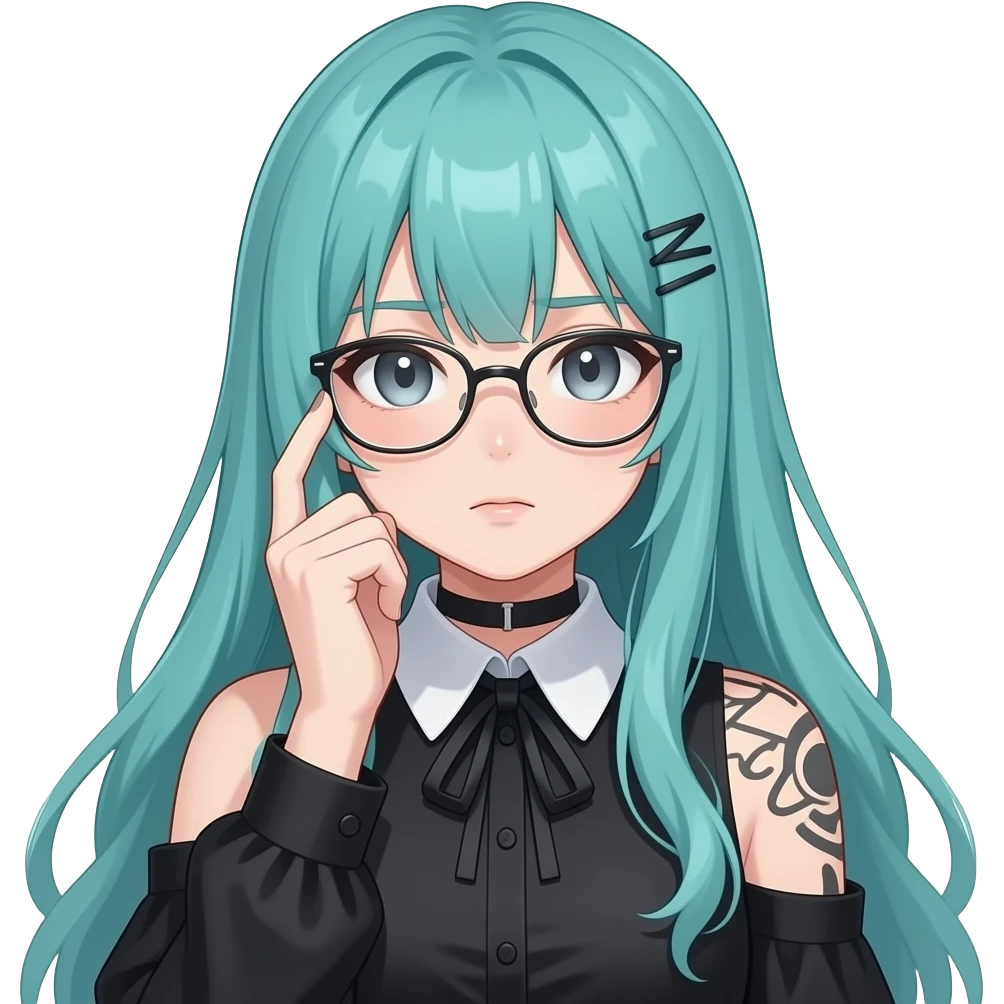 anime girl, thinking very hard, wireframe glasses ,face tattoos, long flowing teal hair, grey eyes, black shoulder cyberpunk blouse with fancy white collar emoji