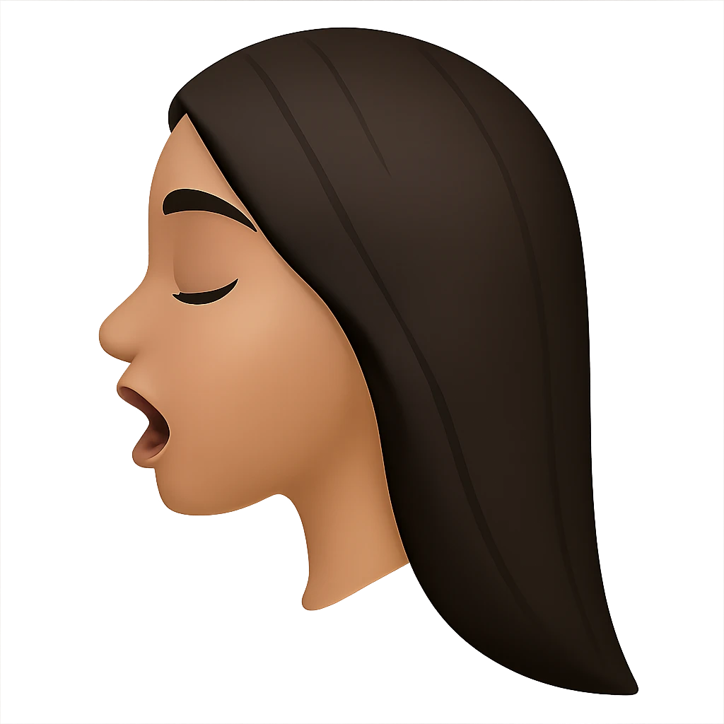 Create a side view (profile) of this woman's head in the normal iPhone emoji style, with closed eyes and an open mouth, smooth shading, no outlines, and long dark hair. This is variant 3. The style should closely resemble the iPhone emoji style with smooth shading and no outlines. emoji