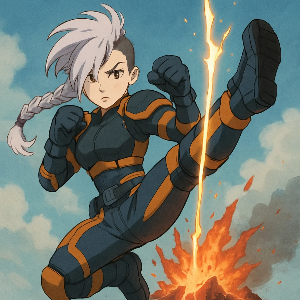 maiden, mohawk, long braid white hair with lavender and tips long messy bangs one side, gold yellow eyes, black crop top, with both fighting gloves up in defensive ready pose, delivering a lightning quick vertical upwards front kick with volcanic force, full defensive padding, TCTF operative, orange and dark dark blue + gray attire. jumping swing falcon kick, perfect posture emoji