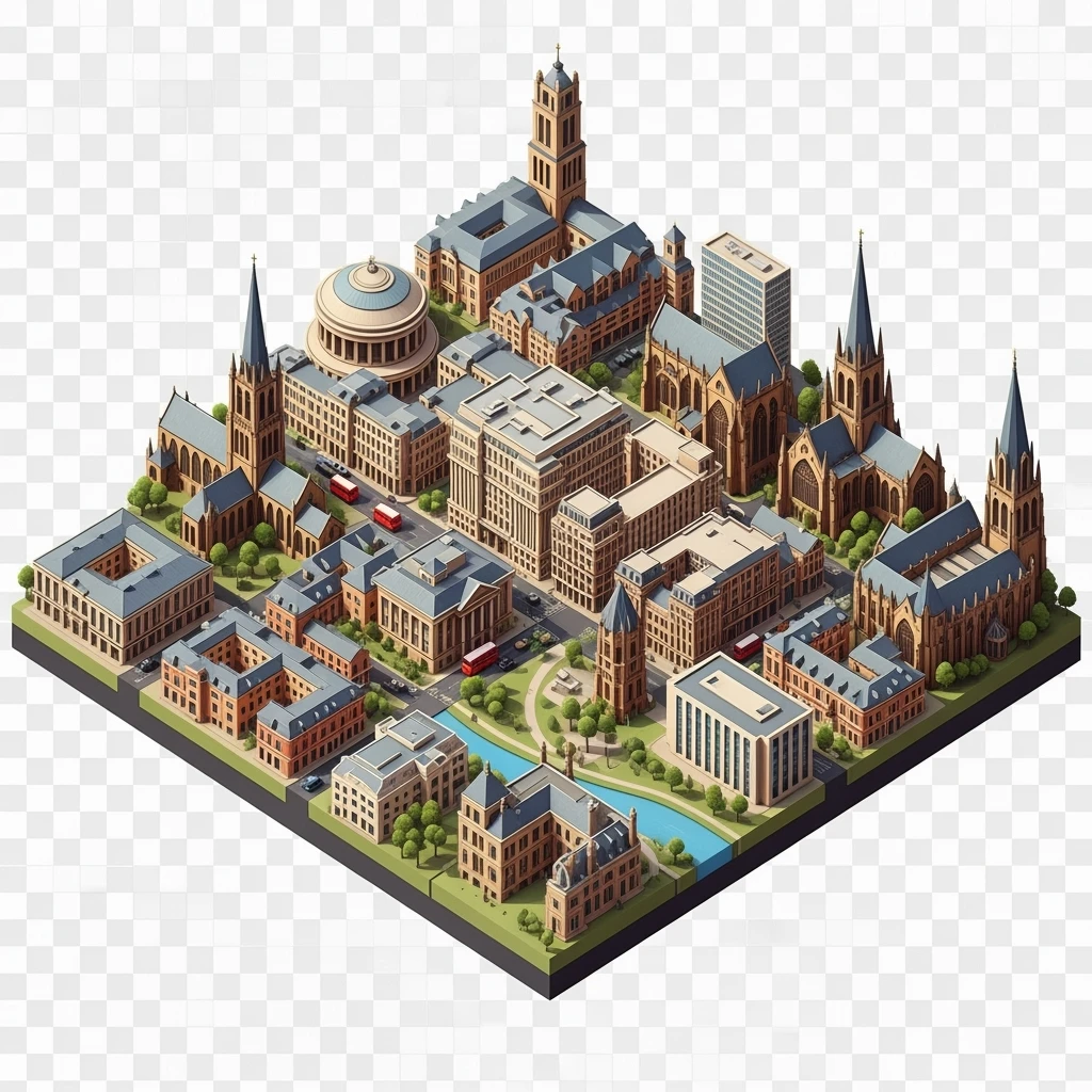 Isometric illustration of Birmingham, balanced between stylized and realistic, 3D miniature effect, transparent background. emoji