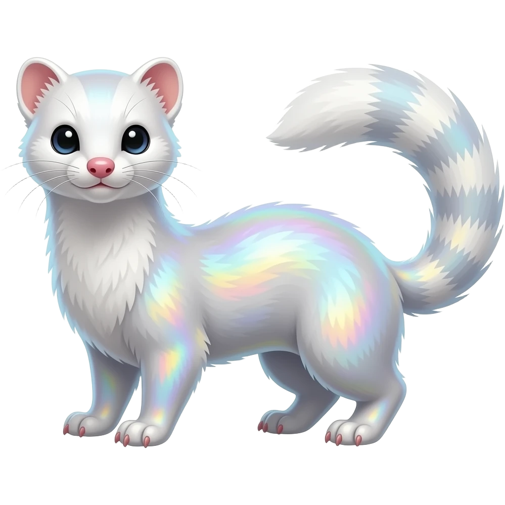 White translucent colorful iridescent genet-Fossa-civet-mustelid-creature-hybrid, full body emoji
