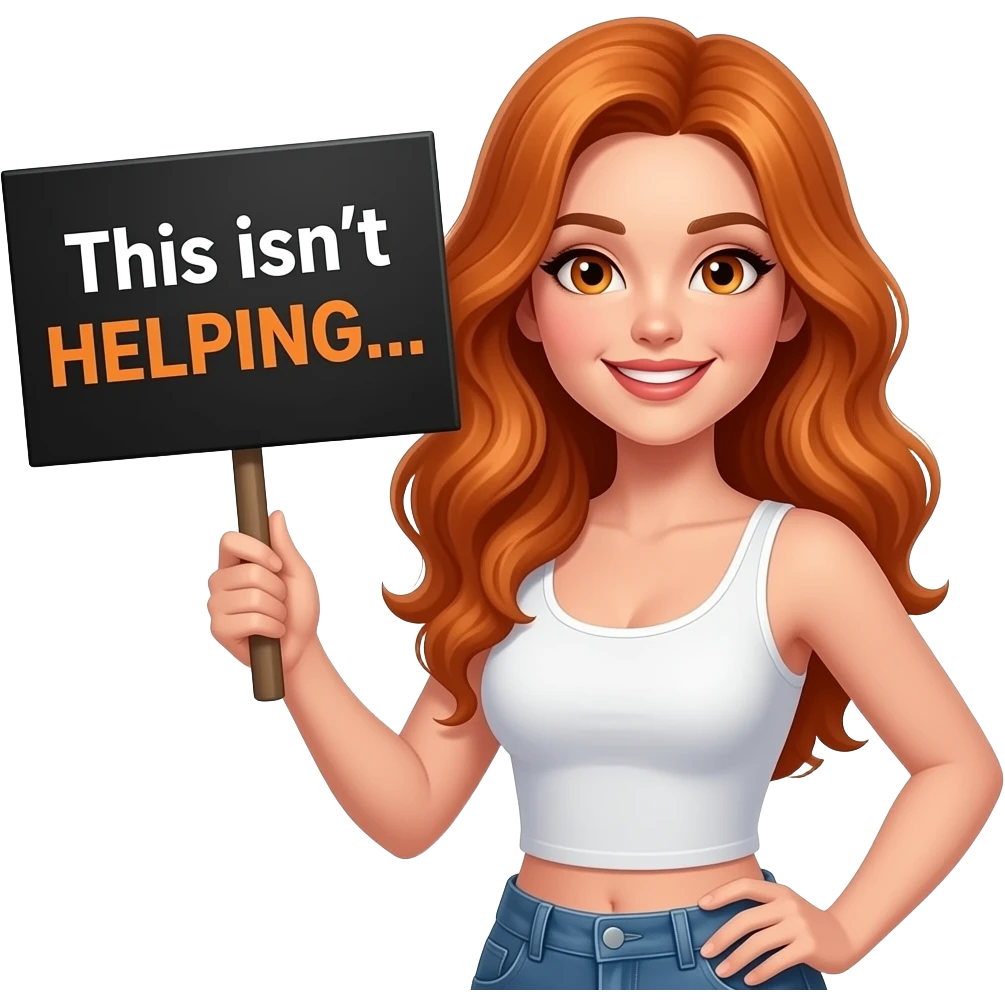 sexy girl with long wavy ginger hair and ginger eyes wearing a white tanktop is holding a black colored sign with This isn't HELPING... written on it emoji