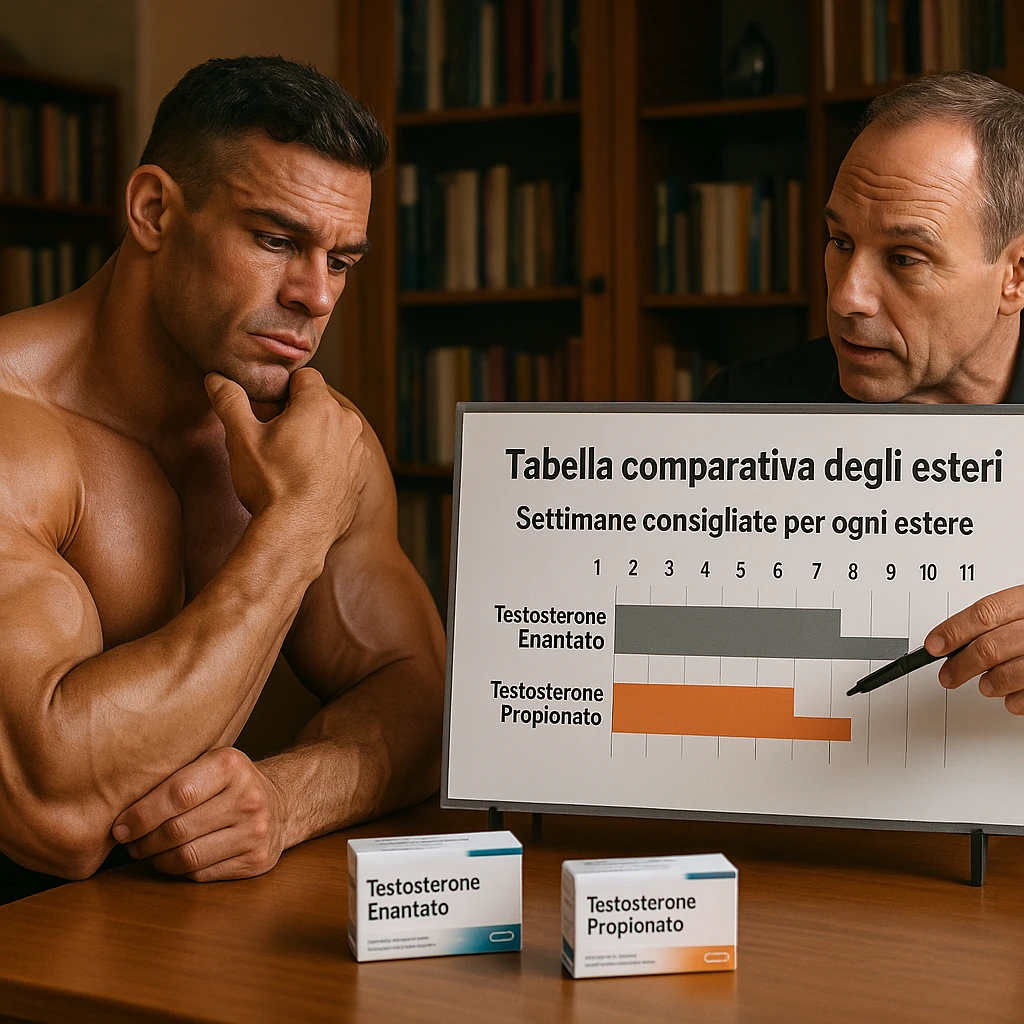 realistic muscular bodybuilder with reflective expression, coach pointing at a comparative table of esters with Italian text 'Tabella comparativa degli esteri' and 'Settimane consigliate per ogni estere', testosterone boxes labeled 'Testosterone Enantato' and 'Testosterone Propionato' on table, explanation atmosphere, study room background, 4K quality emoji