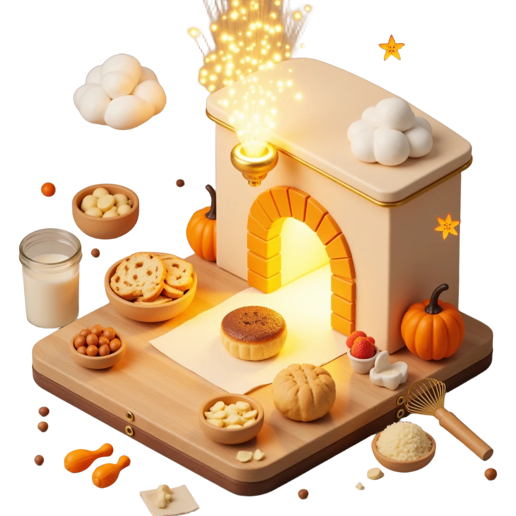 A divine baker surrounded by floating utensils, radiant ingredients, and a halo of light. The oven levitates, powered by pure energy. UI resembles clouds, golden rays, and ethereal scrolls—like a heavenly recipe interface. emoji
