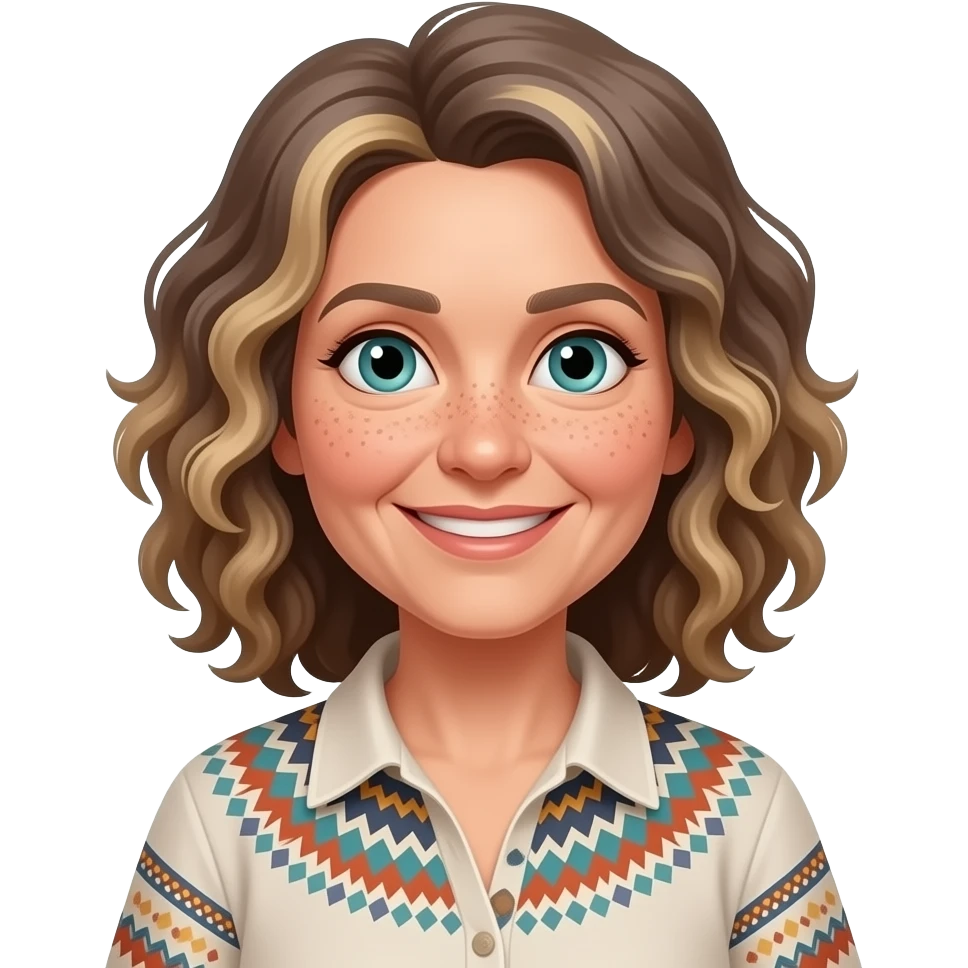 older woman smaller eyes boho shirt shoulder length curly more greyish brown blond highlights blue/green eyes freckles across nose smiling woman emoji