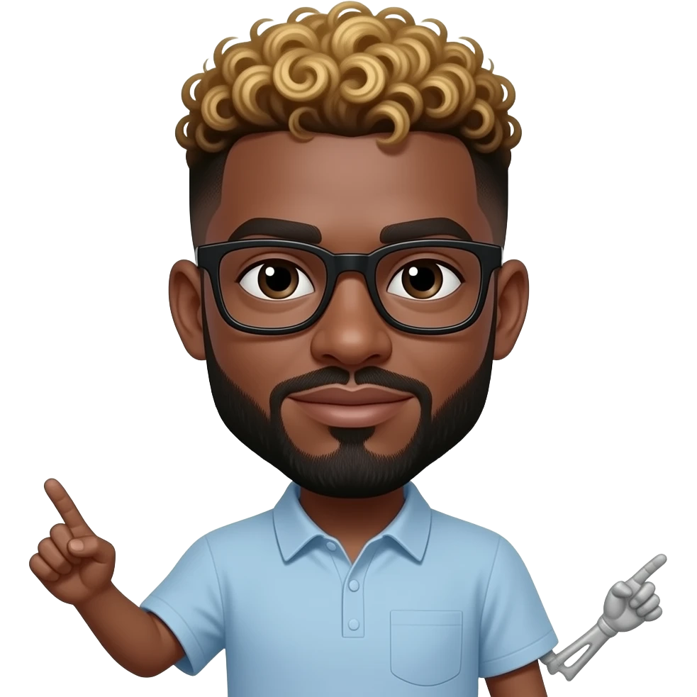 African American man with a thin black disconnect goatee with a mid top curly fade with gold dyed curly top hairstyle with a Symbrachydactyly right arm and a missing left arm wearing black glasses emoji