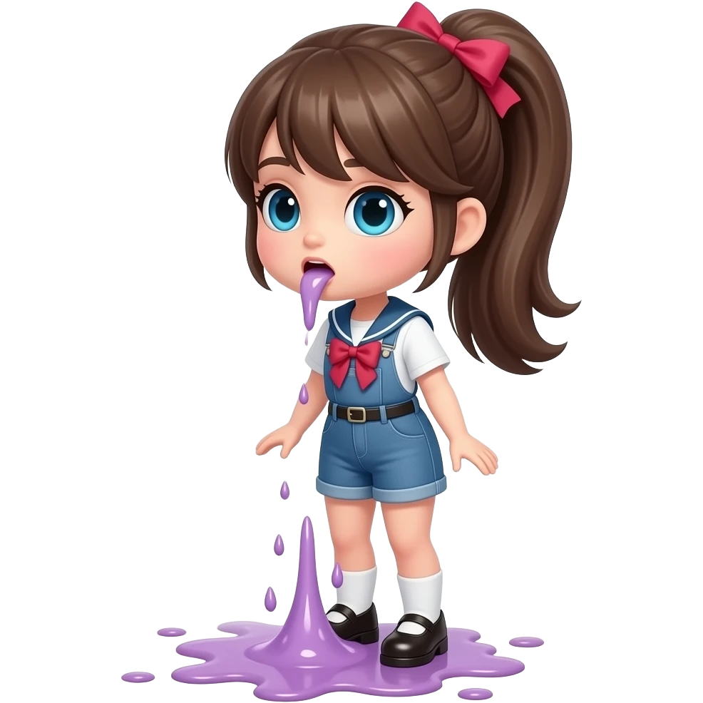 A full-body doll with a pretty ponytail is vomiting through her mouth, spewing it out onto the floor at her feet emoji