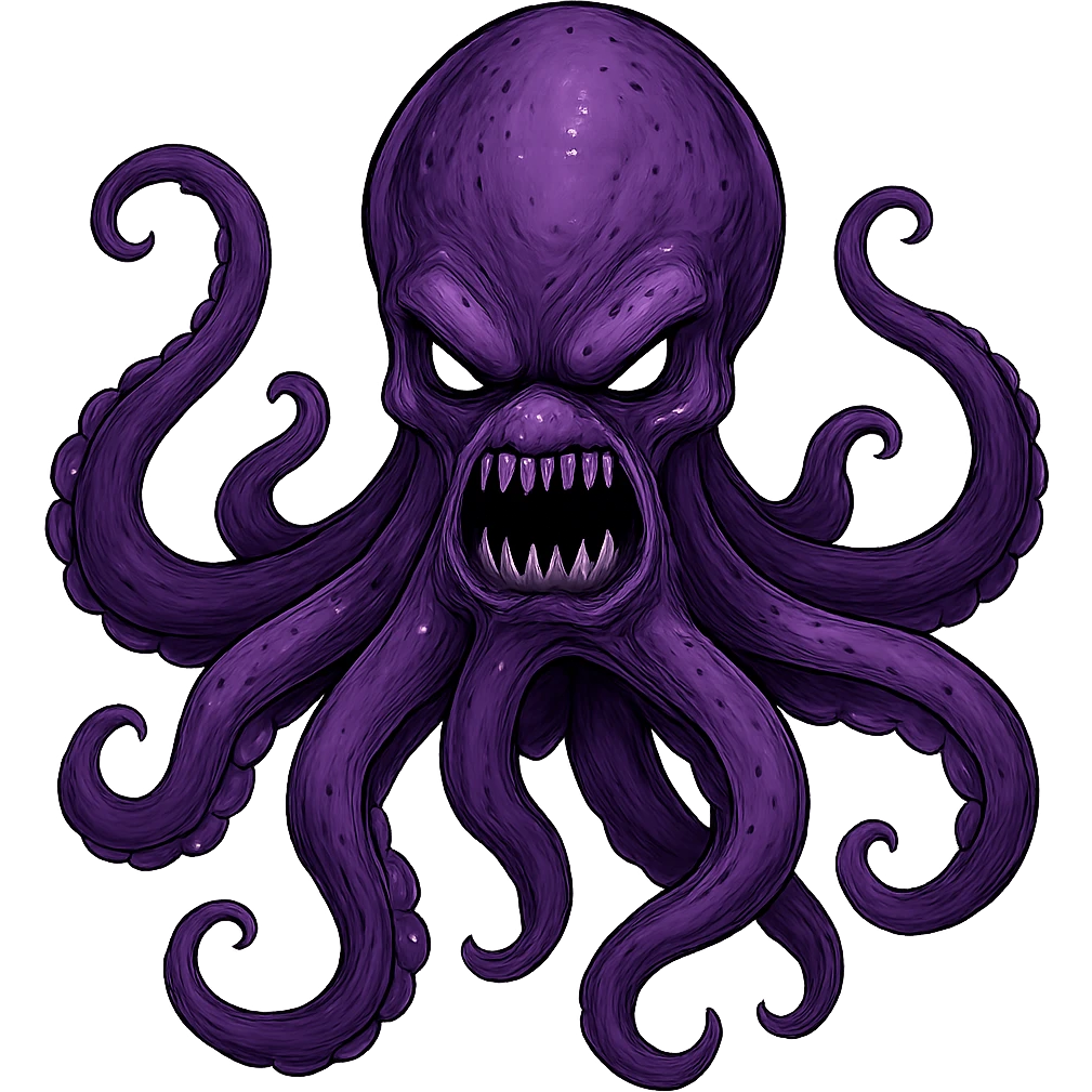 Remove the nose, make the octopus look scary, keep the purple color, with no background. Maintain the original style and details of the octopus while making it look scary and purple. emoji