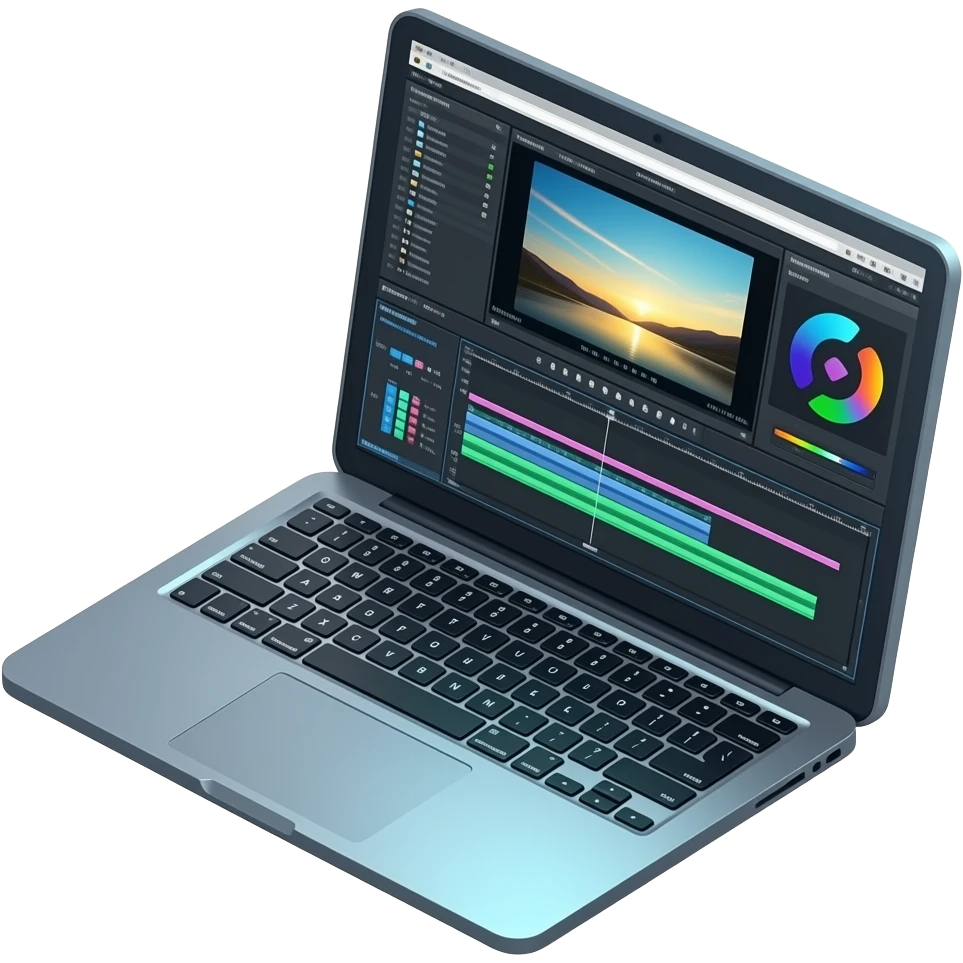 Emoji of a laptop with video editing software on screen, shown at an angle from the side, timeline and clips visible, ultra detailed, sharp, glowing, modern, vibrant colors emoji