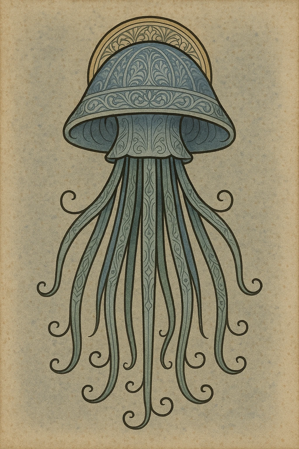 a beautiful jellyfish with a medieval design, stained glass window style, bold outlines, vibrant colors, gothic cathedral inspiration emoji