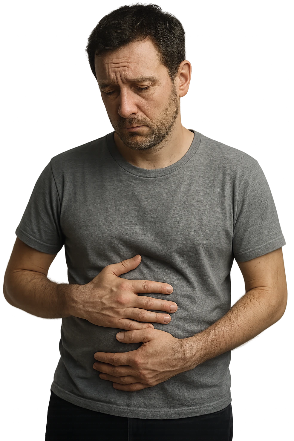 uomo che si guarda allo specchio triste mentre si tocca la pancia, pensieroso, iperrealistico 4k emoji