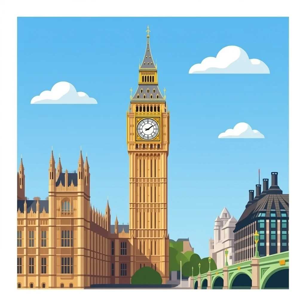 Big Ben in elegant red, blue, and white, iconic London landmark emoji