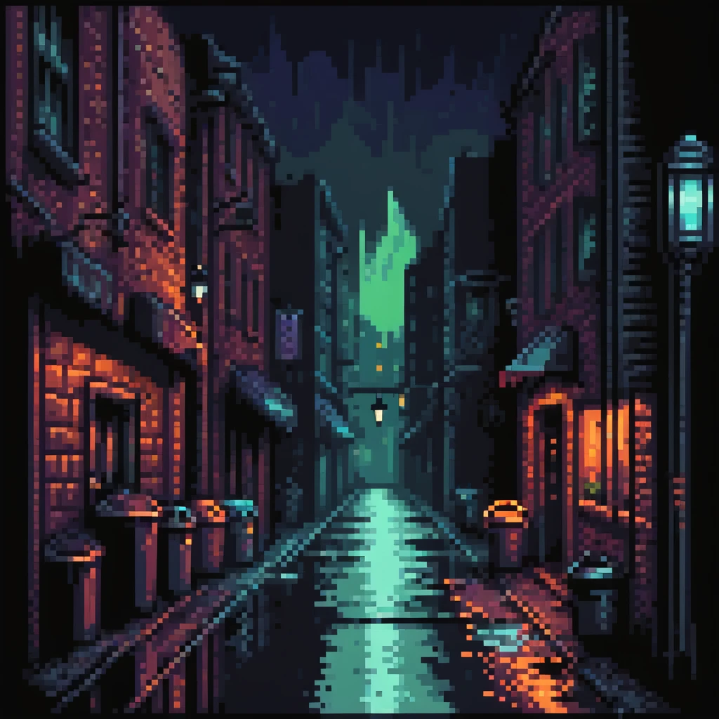 Pixel art background, dark Gotham City alley at night, flickering neon signs, wet asphalt, trash bins, moody streetlight, silhouettes in windows, Sega fighting game style
 emoji