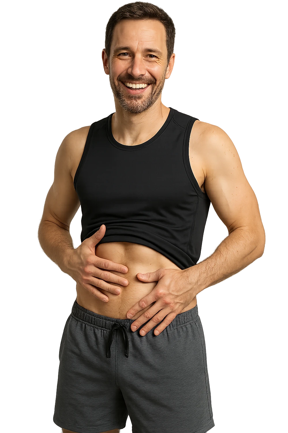 uomo fitness realistico che si tocca la pancia magra felice, iperrealistico 4k emoji