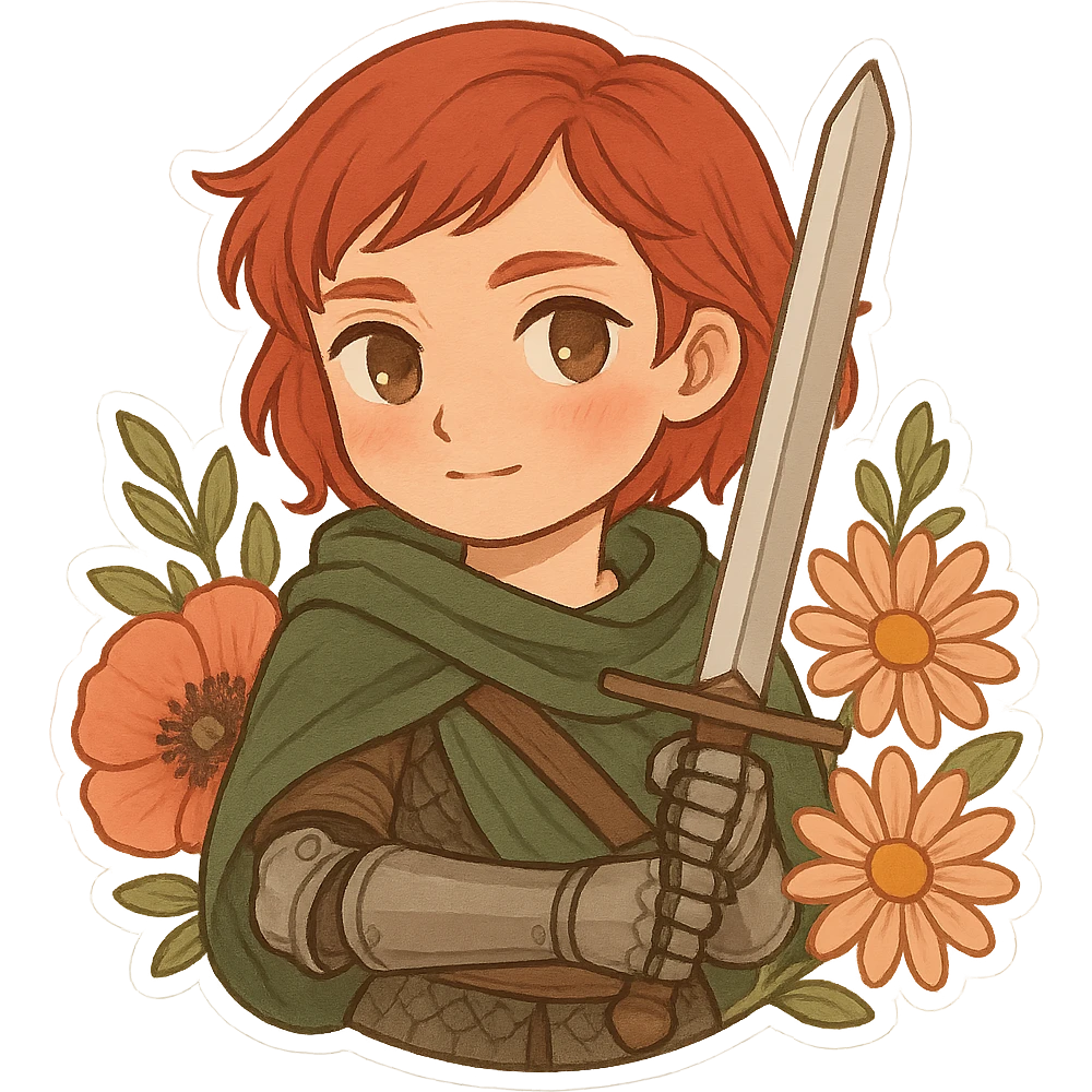 Millicent, chibi style, short red hair, green cloak, prosthetic arm, holding a sword with both hands, surrounded by flowers, gentle and strong emoji