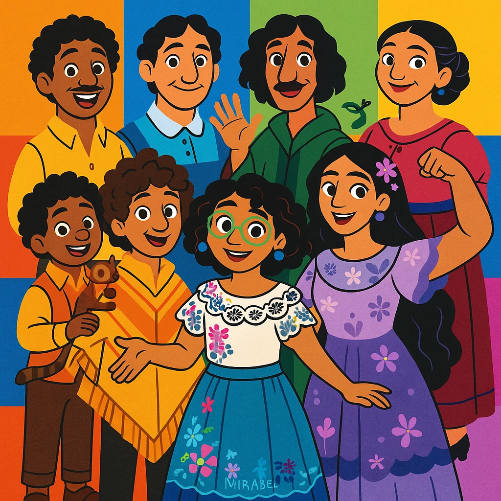 The Madrigal family from Encanto, colorful magical family portrait, vibrant clothing, each character with their unique magical trait, Disney-inspired style emoji