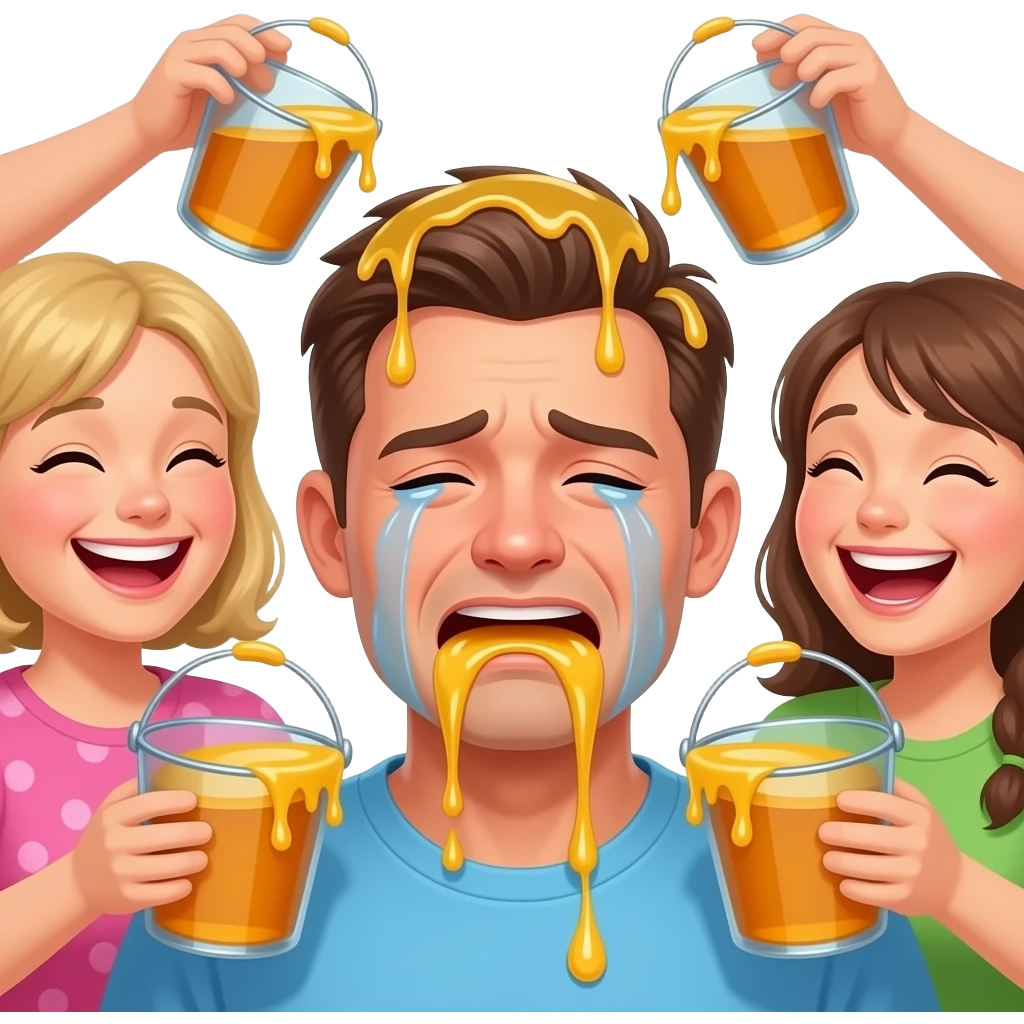 guy crying with way more honey being poursed into his mouth. others laugh around him while they pour buckets and buckets of honey and its sticky and its in his hair emoji