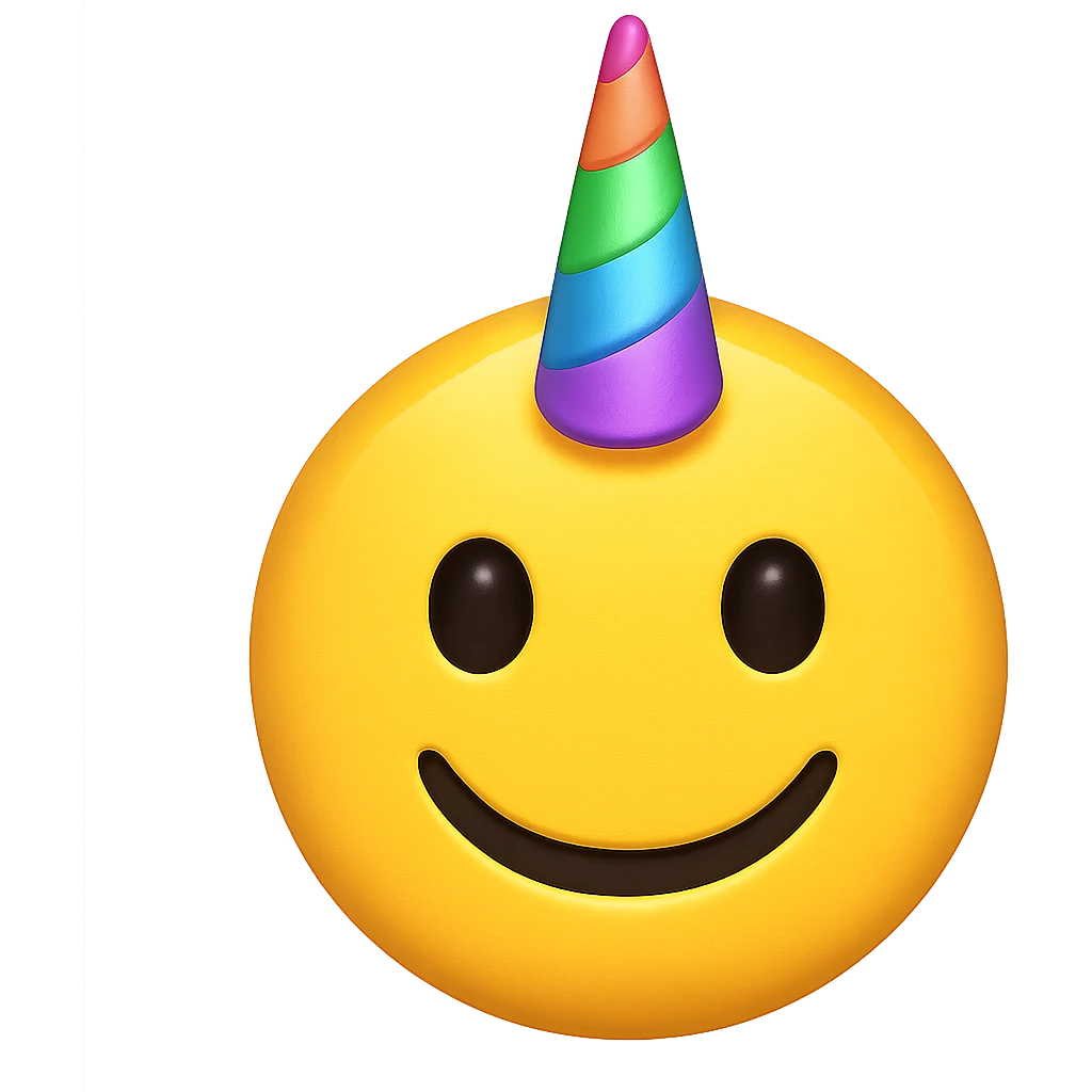 yellow face with rainbow unicorn horn, digital illustration, emoji style emoji