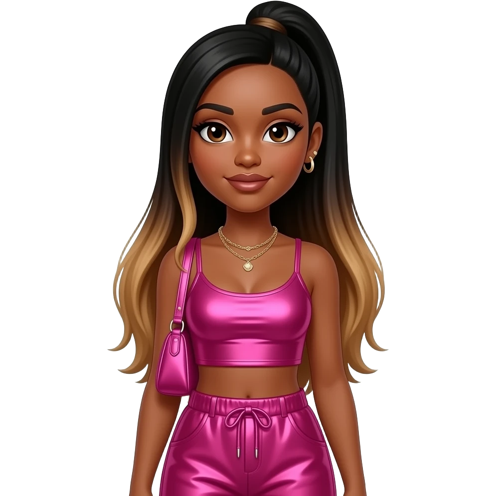 Brandi Williams from Blaque with dark brown eyes, long black straight high ponytail hair with brown ombre, hot pink metallic crop top, hot pink metallic baggy pants, necklace and earrings emoji